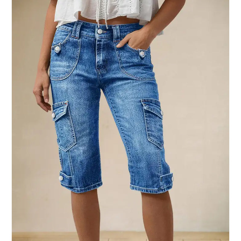 Short cargo en jean pour femme, longueur genou, avec poches