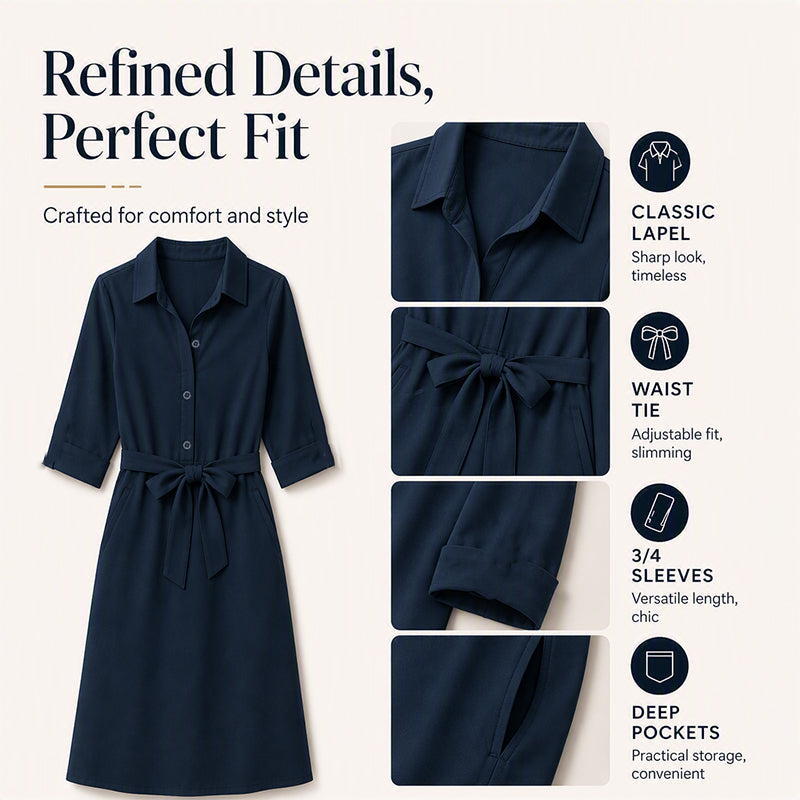 Robe-chemise pour femme à manches 3/4 avec ceinture