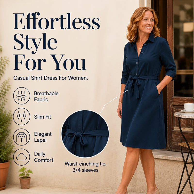 Robe-chemise pour femme à manches 3/4 avec ceinture