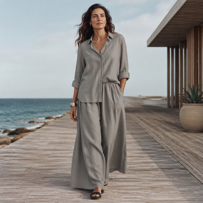 Ensemble composé d'un t-shirt à manches longues et d'un pantalon à jambes larges pour femme