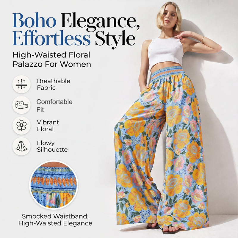⌛Offre à durée limitée – Pantalon large à taille haute à imprimé floral pour femme