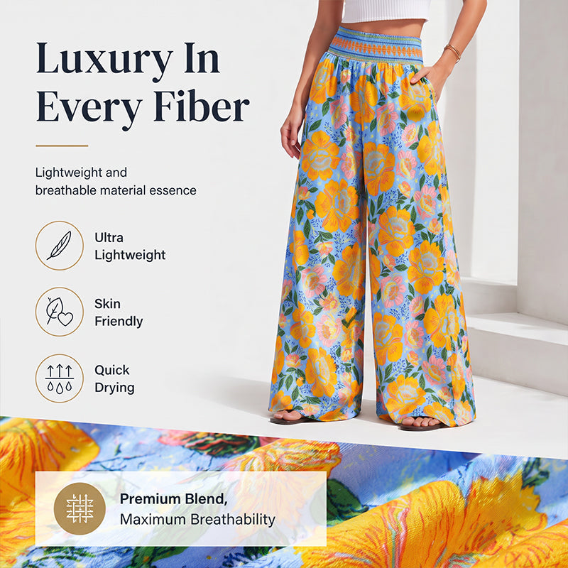 ⌛Offre à durée limitée – Pantalon large à taille haute à imprimé floral pour femme