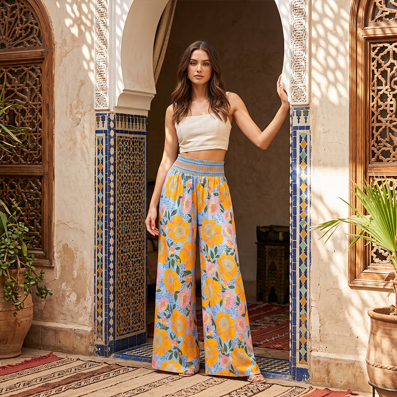 ⌛Offre à durée limitée – Pantalon large à taille haute à imprimé floral pour femme