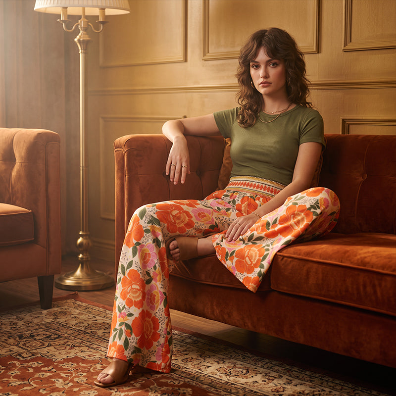 ⌛Offre à durée limitée – Pantalon large à taille haute à imprimé floral pour femme