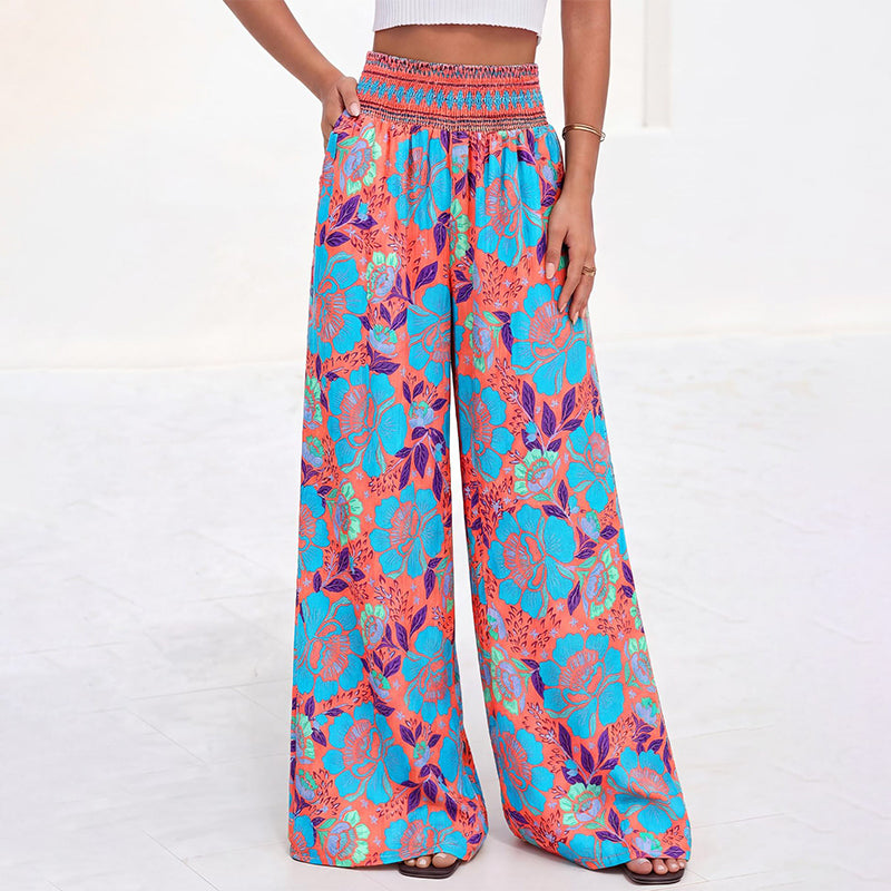 ⌛Offre à durée limitée – Pantalon large à taille haute à imprimé floral pour femme