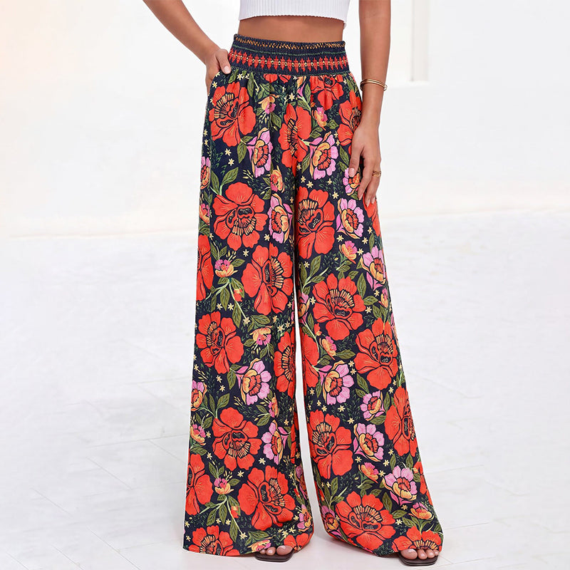 ⌛Offre à durée limitée – Pantalon large à taille haute à imprimé floral pour femme