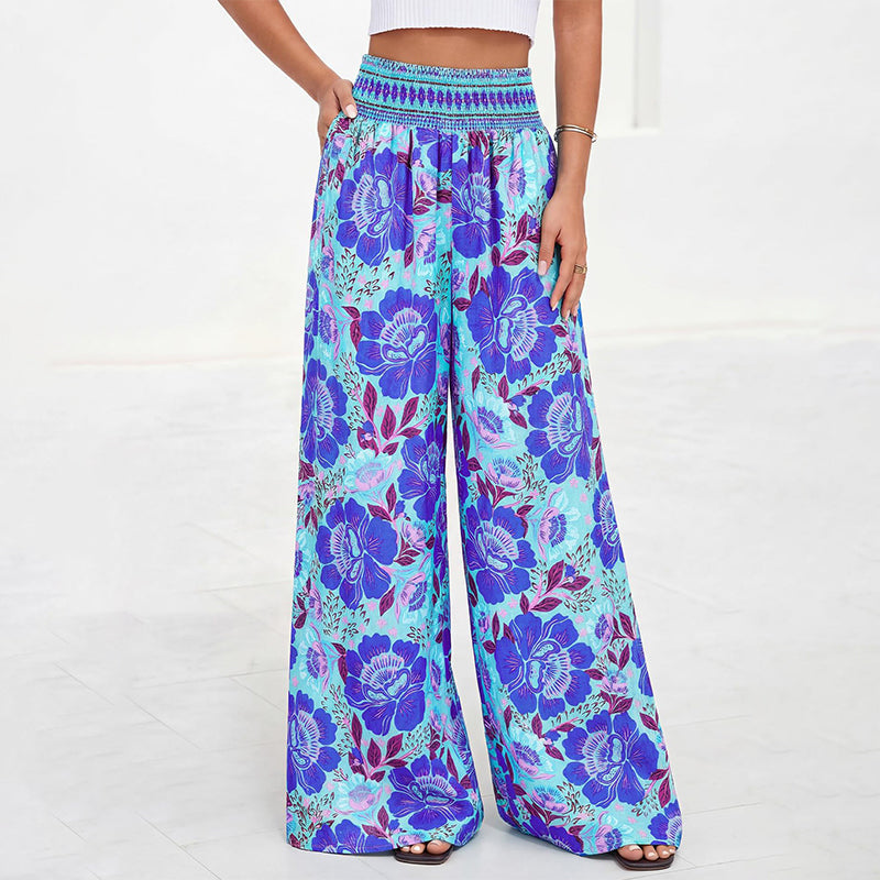 ⌛Offre à durée limitée – Pantalon large à taille haute à imprimé floral pour femme