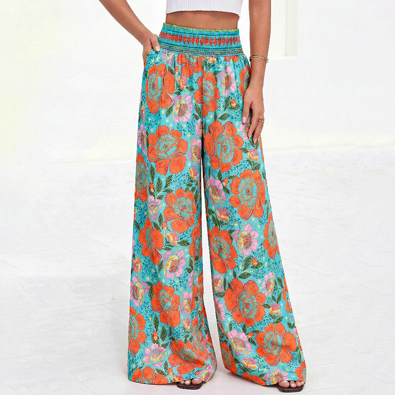 ⌛Offre à durée limitée – Pantalon large à taille haute à imprimé floral pour femme