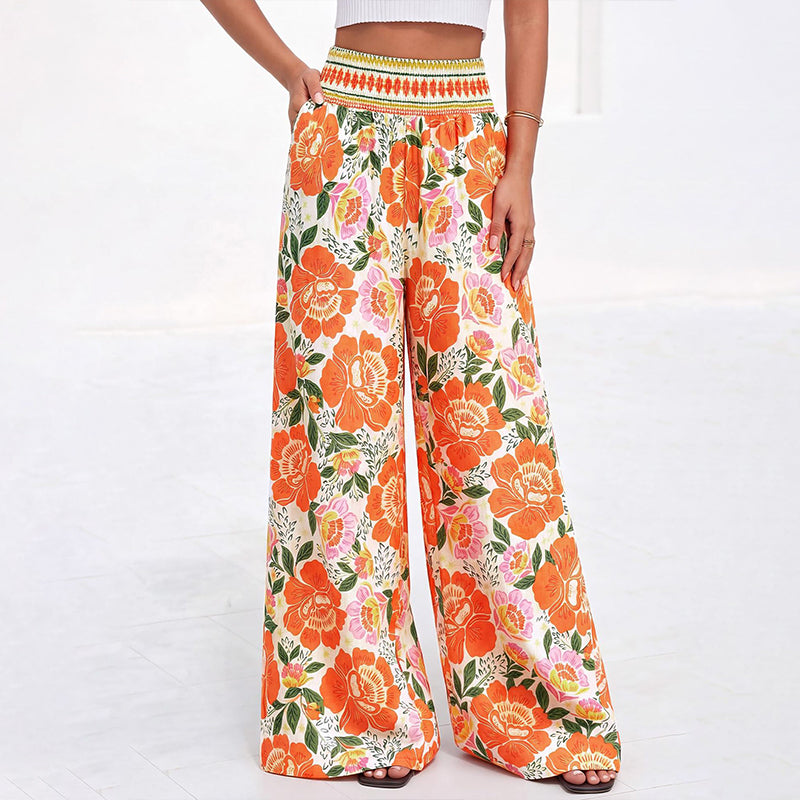 ⌛Offre à durée limitée – Pantalon large à taille haute à imprimé floral pour femme
