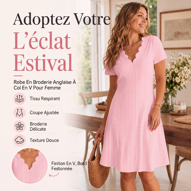 Robe femme à col en V festonné et à œillets