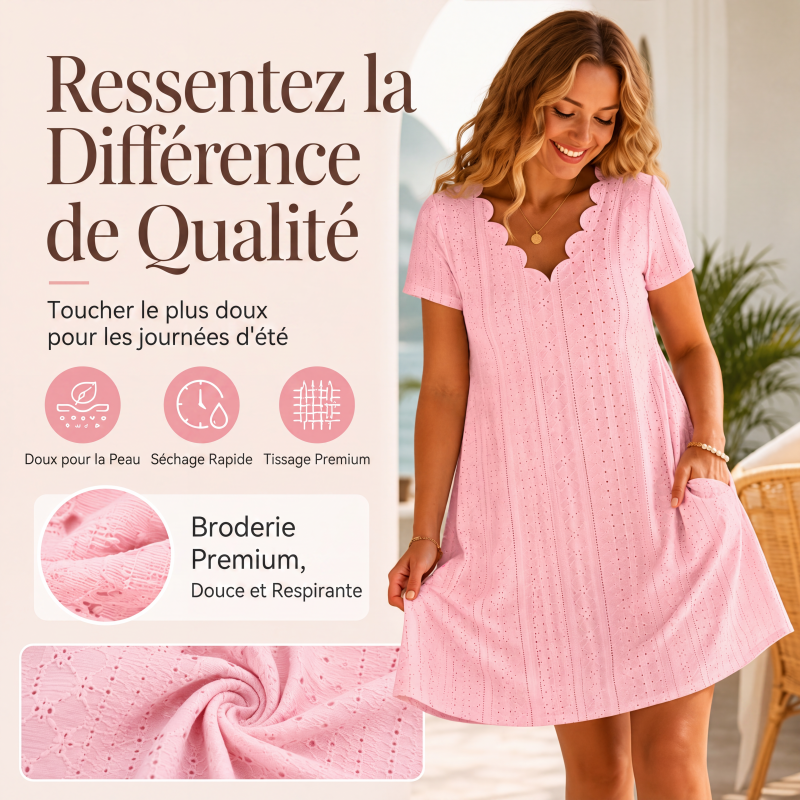 Robe femme à col en V festonné et à œillets