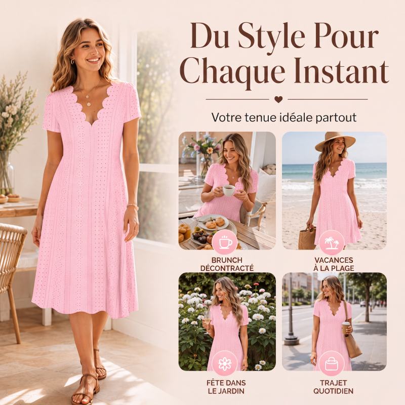 Robe femme à col en V festonné et à œillets
