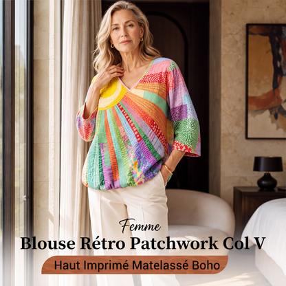 Blouse vintage à col V avec patchwork pour femmes