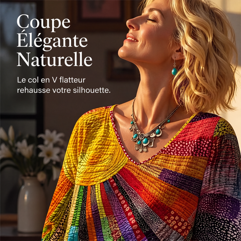 Blouse vintage à col V avec patchwork pour femmes