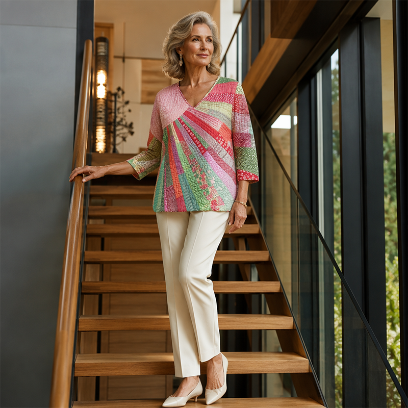Blouse vintage à col V avec patchwork pour femmes