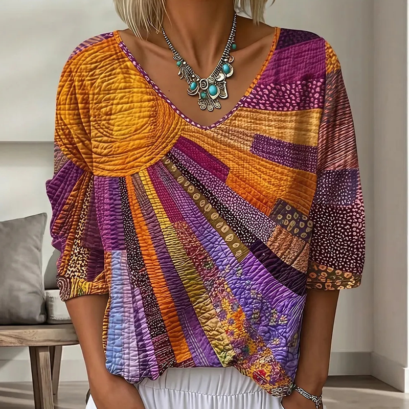 Blouse vintage à col V avec patchwork pour femmes