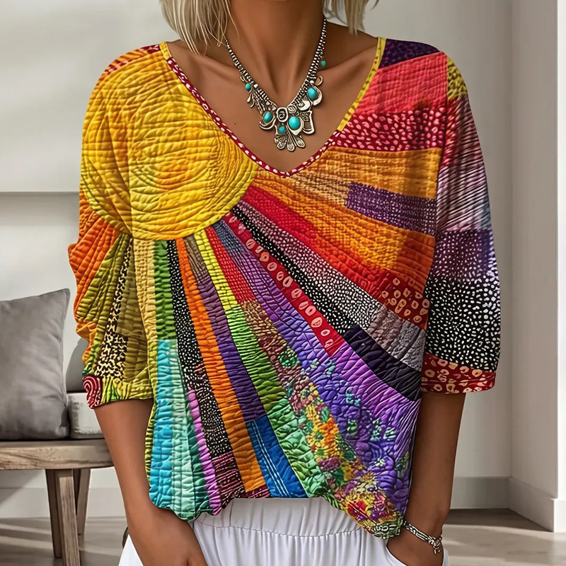 Blouse vintage à col V avec patchwork pour femmes