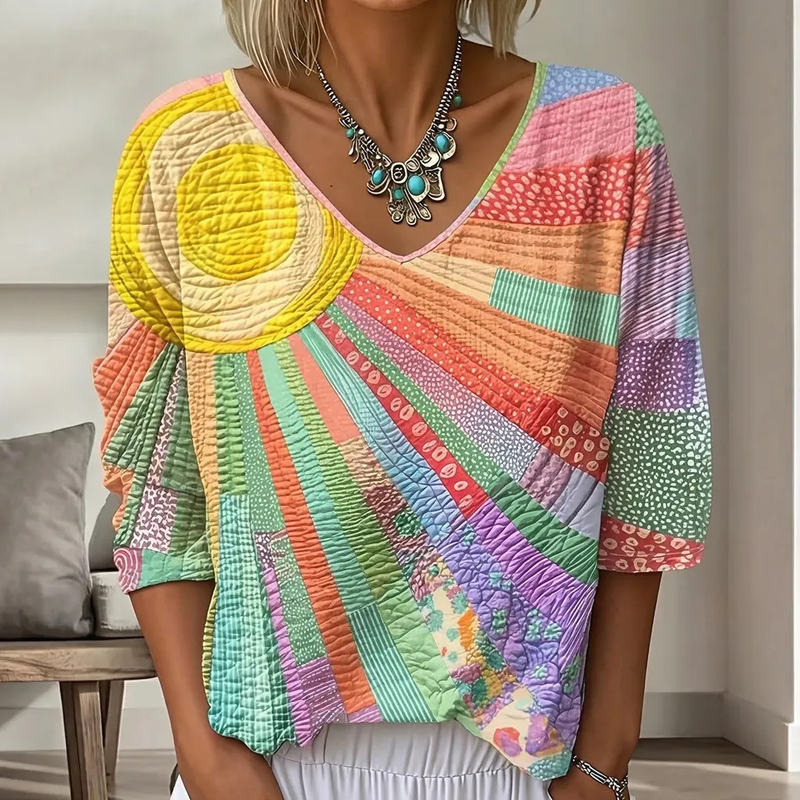 Blouse vintage à col V avec patchwork pour femmes