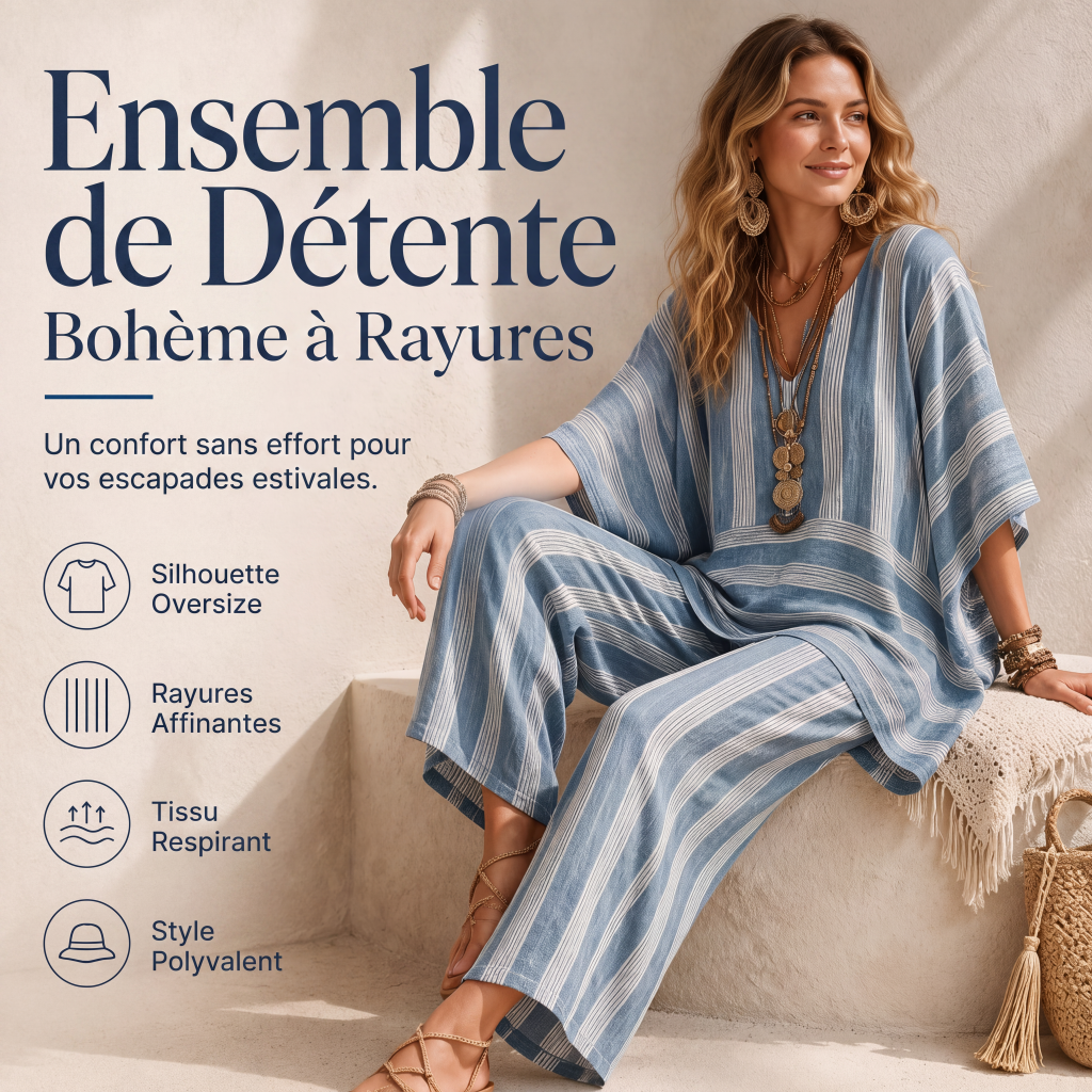 🔥-50%🌿 Ensemble de détente léger à rayures, idéal pour les sorties décontractées 🤍 Haut ample + pantalon large