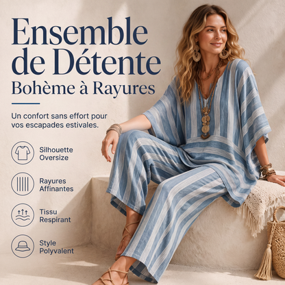🔥-50%🌿 Ensemble de détente léger à rayures, idéal pour les sorties décontractées 🤍 Haut ample + pantalon large