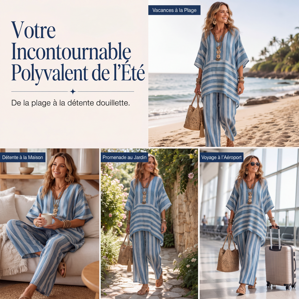 🔥-50%🌿 Ensemble de détente léger à rayures, idéal pour les sorties décontractées 🤍 Haut ample + pantalon large