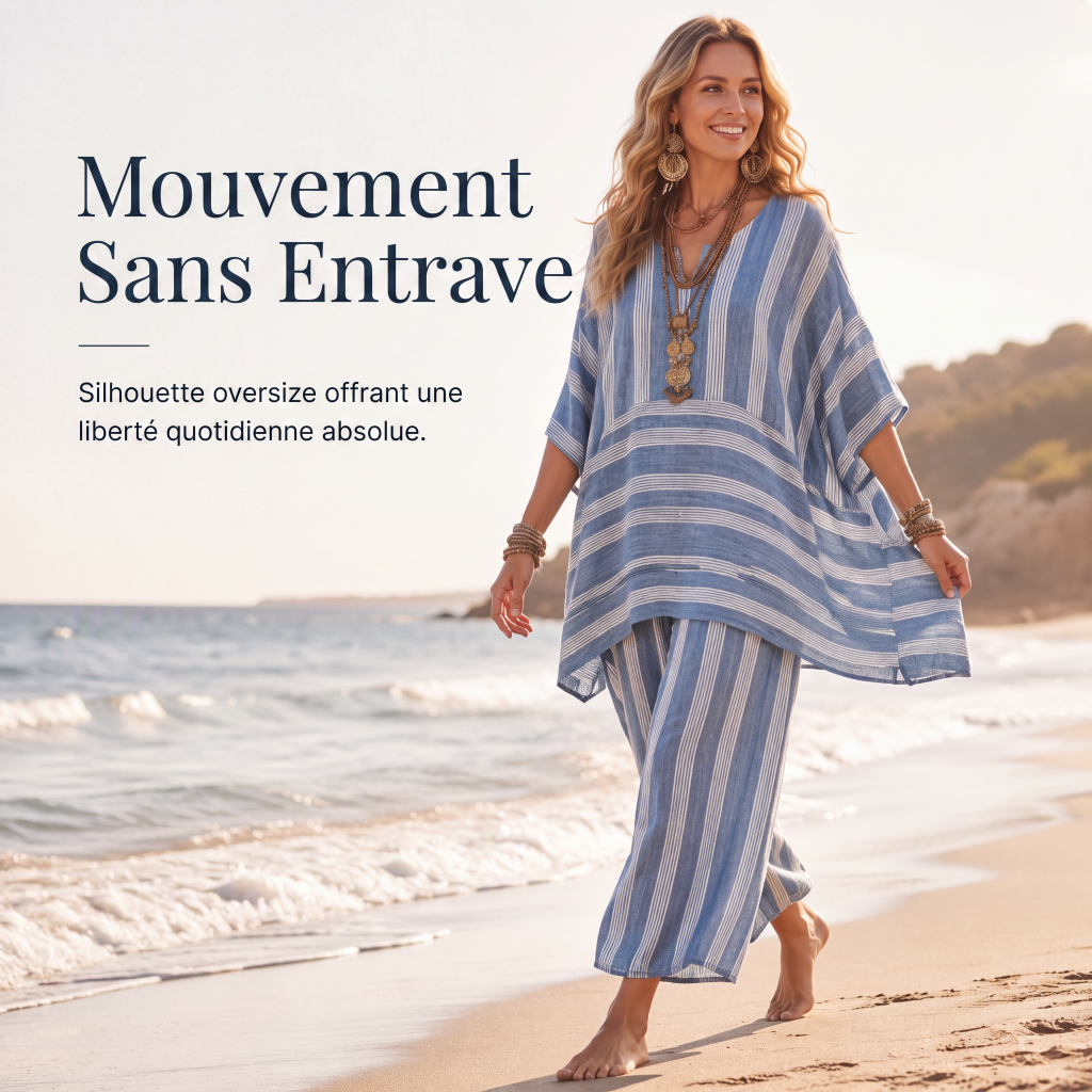 🔥-50%🌿 Ensemble de détente léger à rayures, idéal pour les sorties décontractées 🤍 Haut ample + pantalon large