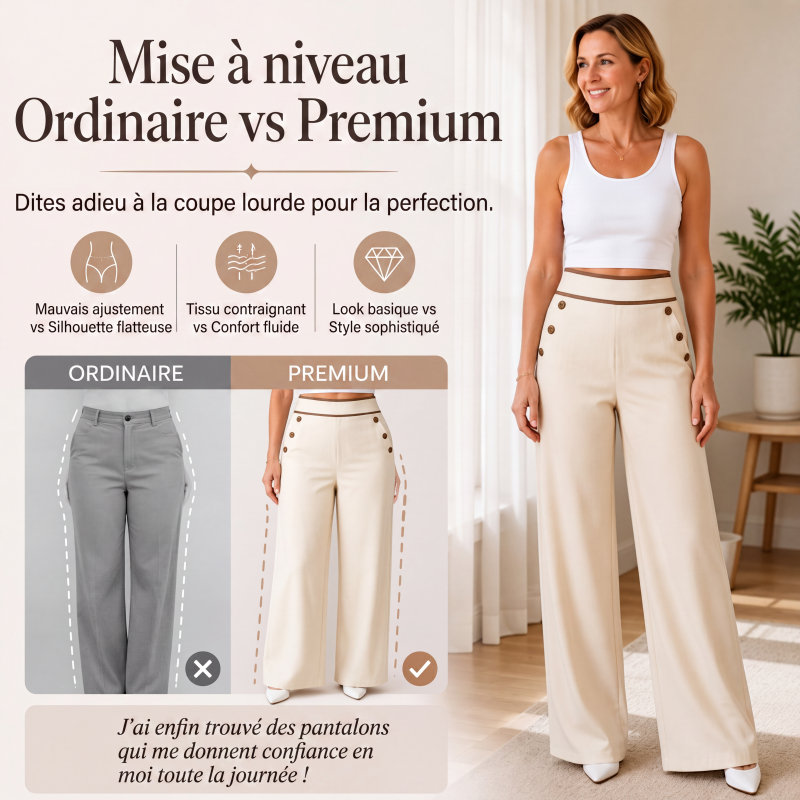 Pantalon large taille haute pour femme avec bordures contrastées