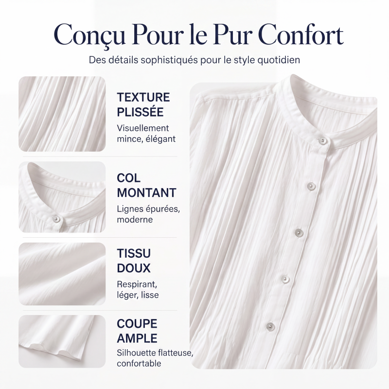 Chemise plissée décontractée à col montant pour femme