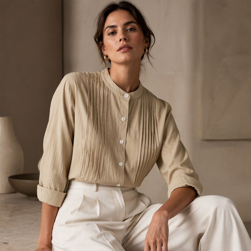 Chemise plissée décontractée à col montant pour femme