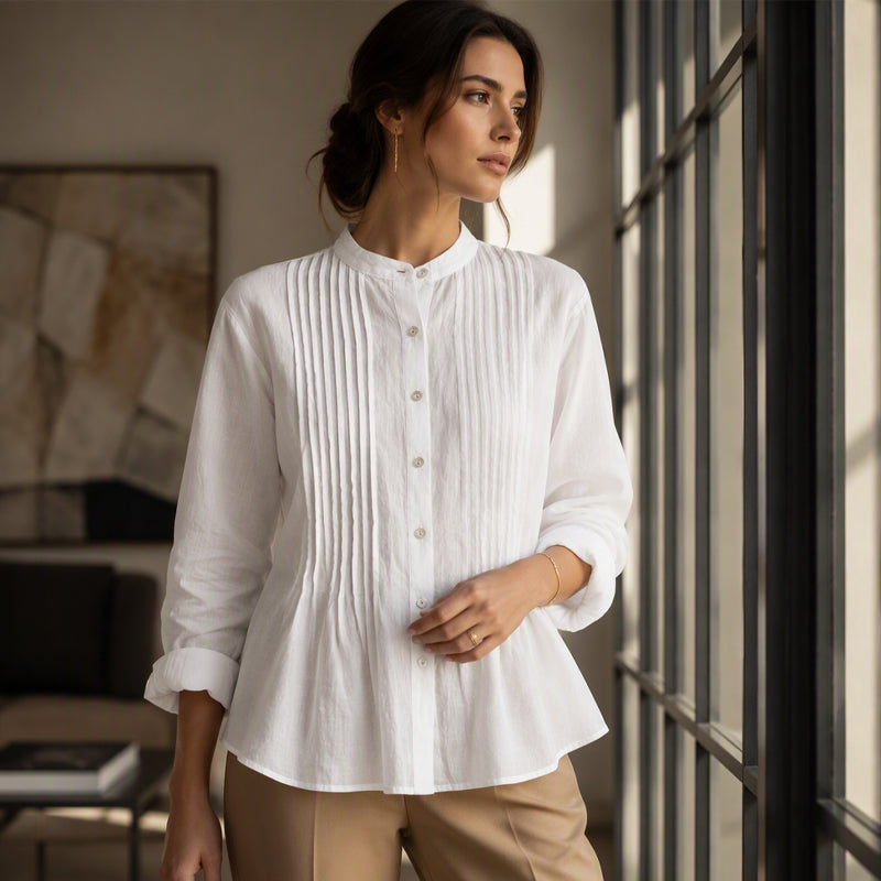 Chemise plissée décontractée à col montant pour femme