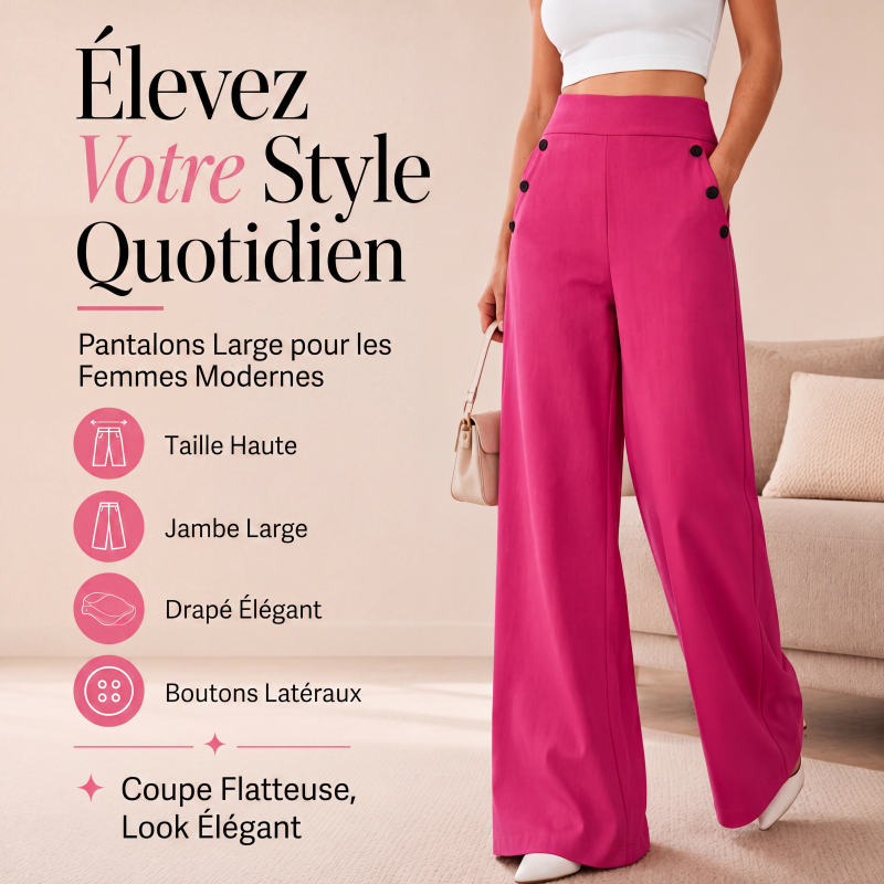 Pantalon taille haute à jambes larges pour femme avec boutons sur les côtés