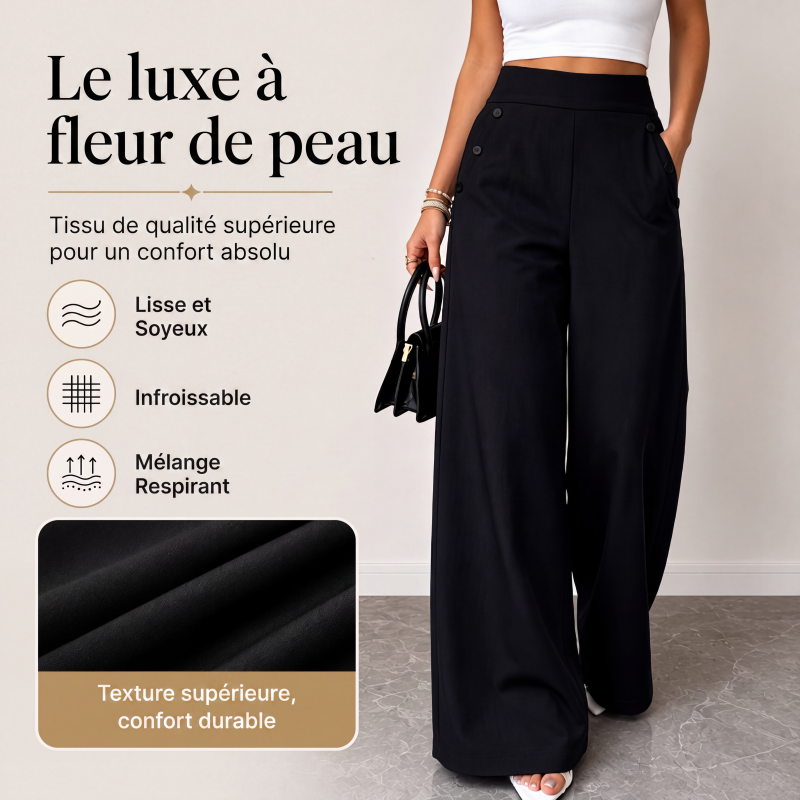 Pantalon taille haute à jambes larges pour femme avec boutons sur les côtés