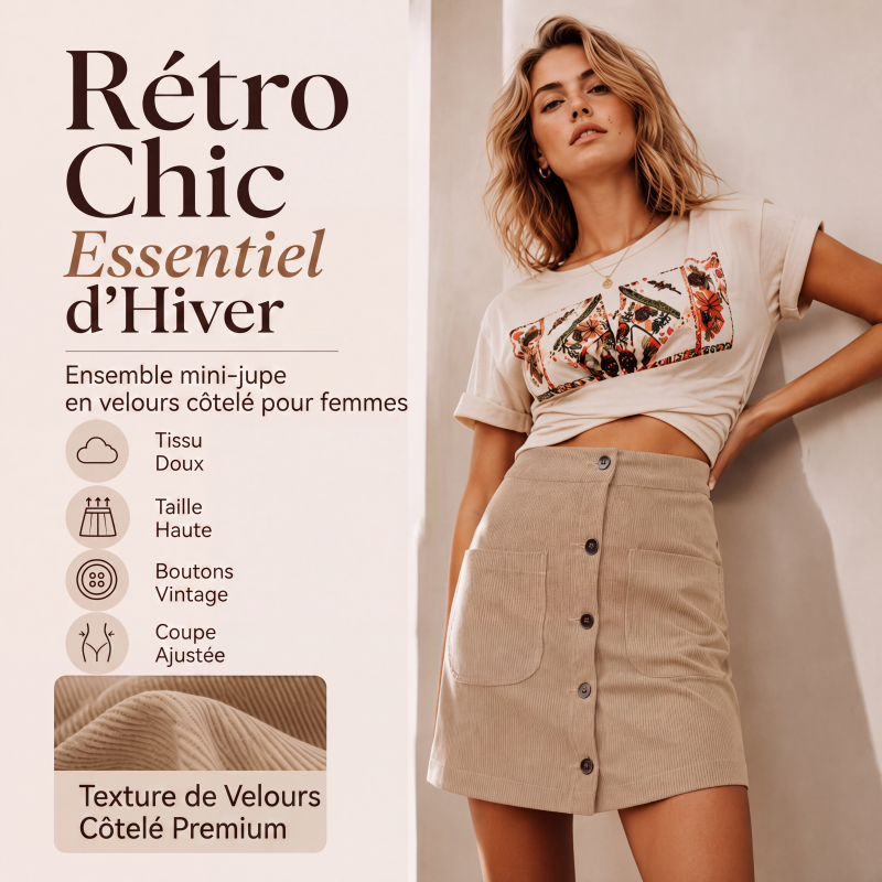 Jupe en velours côtelé à boutons avec poches pour femme