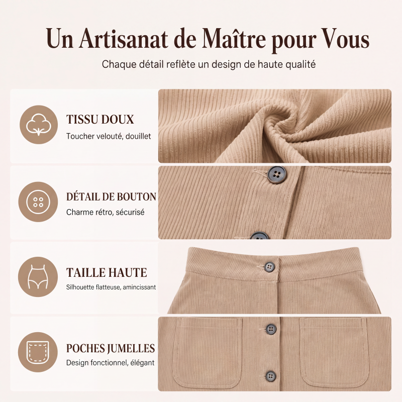 Jupe en velours côtelé à boutons avec poches pour femme