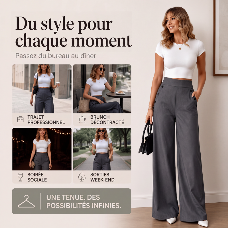 Pantalon taille haute à jambes larges pour femme avec boutons sur les côtés