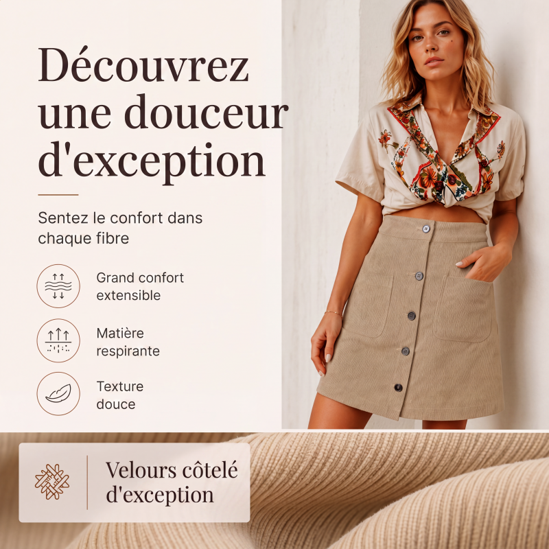 Jupe en velours côtelé à boutons avec poches pour femme