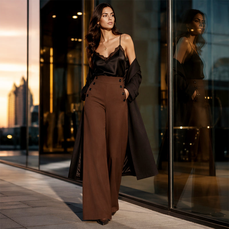 Pantalon taille haute à jambes larges pour femme avec boutons sur les côtés