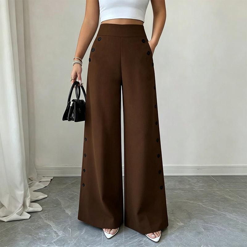 Pantalon taille haute à jambes larges pour femme avec boutons sur les côtés