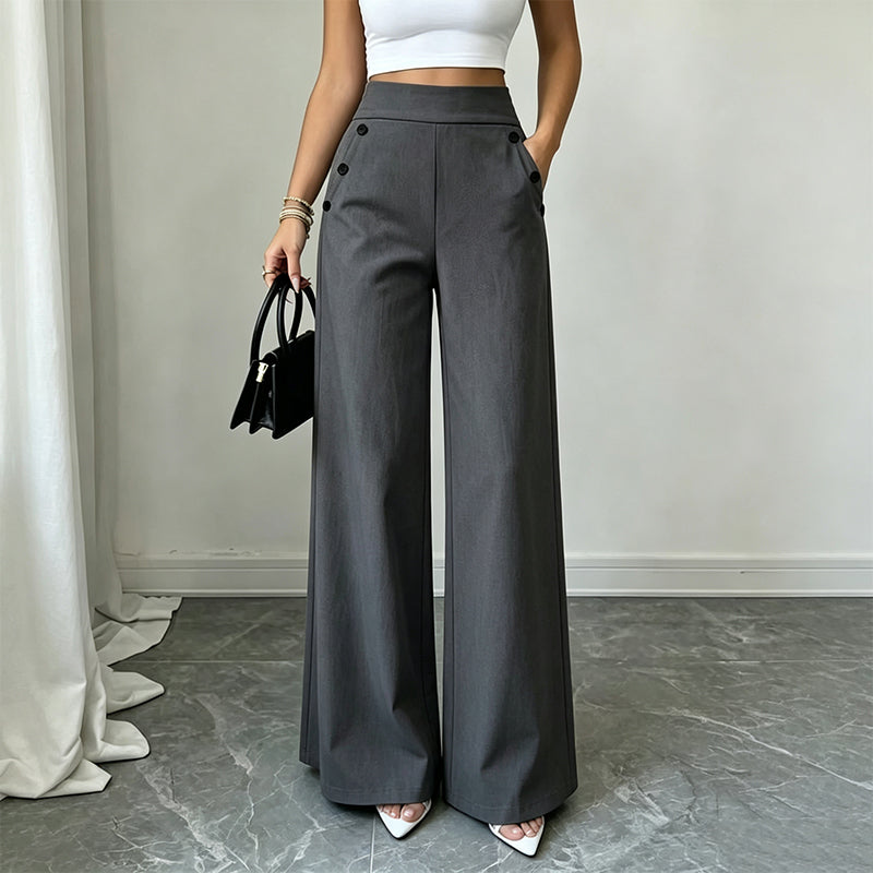 Pantalon taille haute à jambes larges pour femme avec boutons sur les côtés