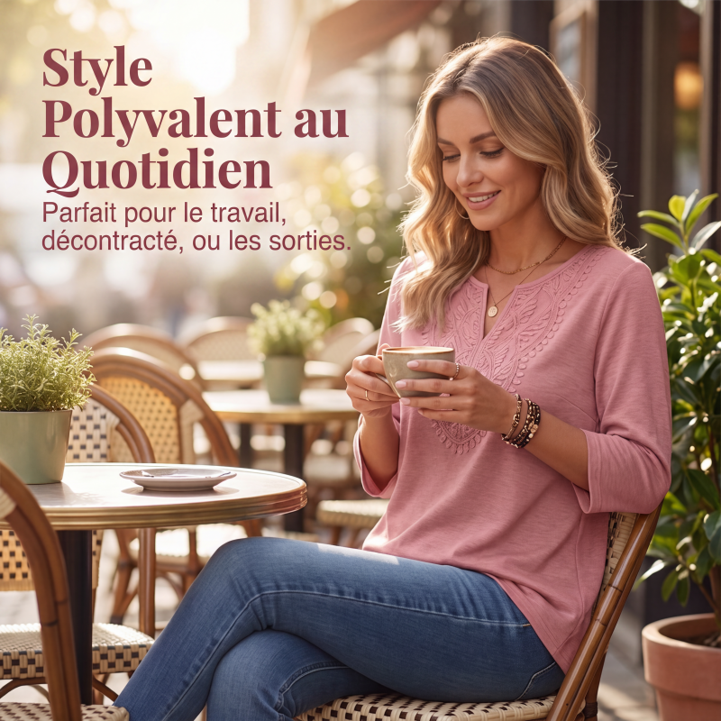 Tunique pour femme à col V, bord en dentelle et manches 3/4