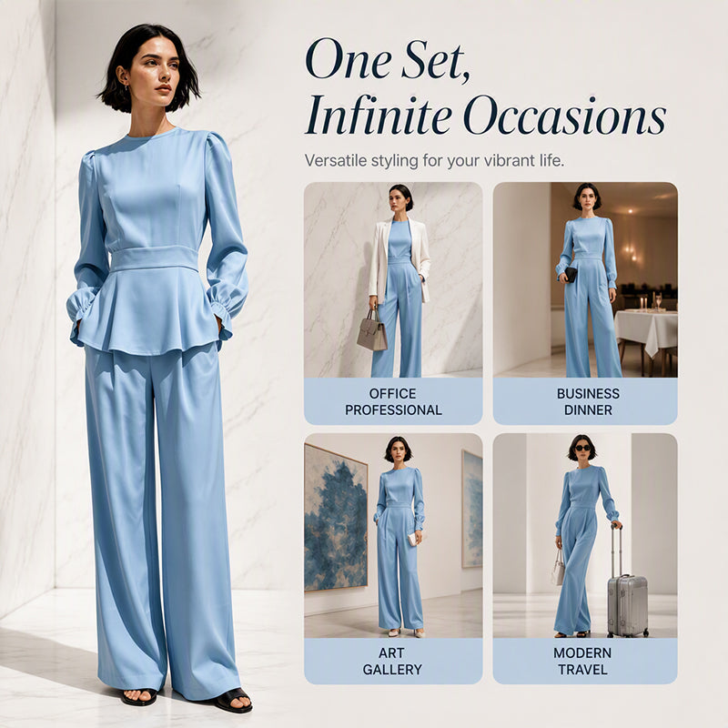 Ensemble élégant pour femme composé d'un haut à manches bouffantes et d'un pantalon à jambes larges