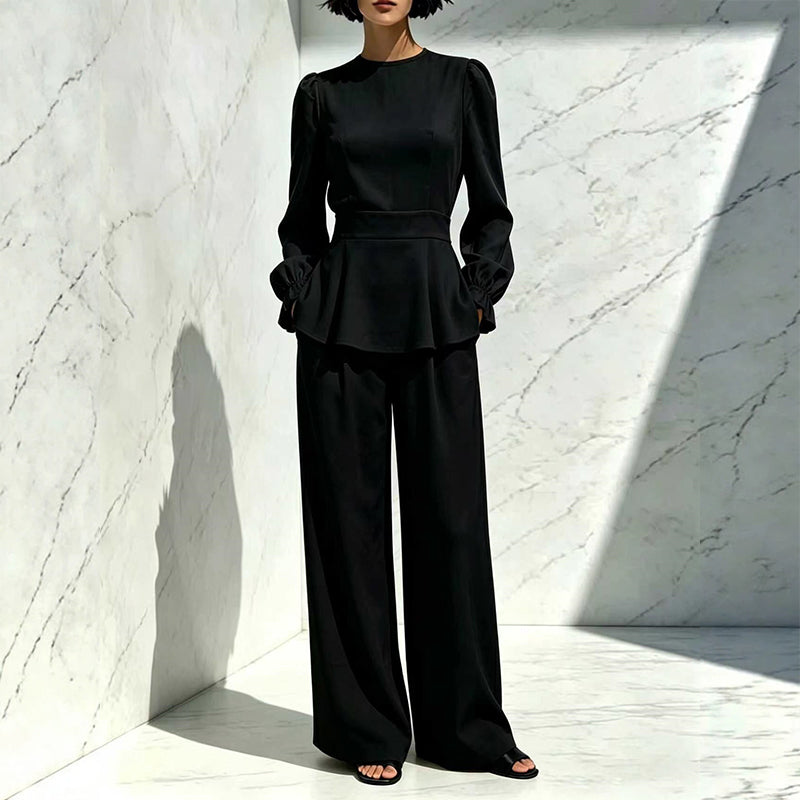 Ensemble élégant pour femme composé d'un haut à manches bouffantes et d'un pantalon à jambes larges