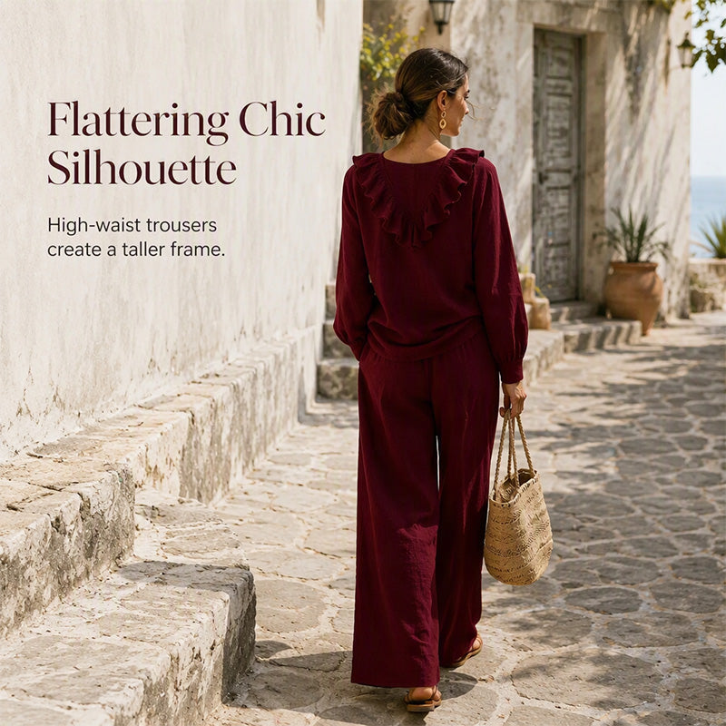 Ensemble deux pièces pour femme, style vacances, col en V : haut ample à manches longues et pantalon à jambes larges
