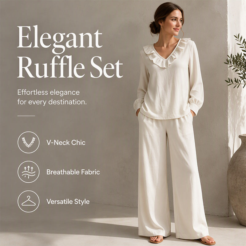 Ensemble deux pièces pour femme, style vacances, col en V : haut ample à manches longues et pantalon à jambes larges