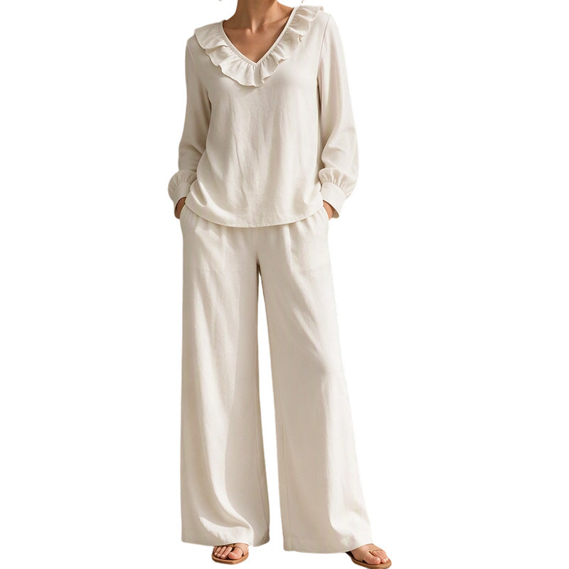 Ensemble deux pièces pour femme, style vacances, col en V : haut ample à manches longues et pantalon à jambes larges