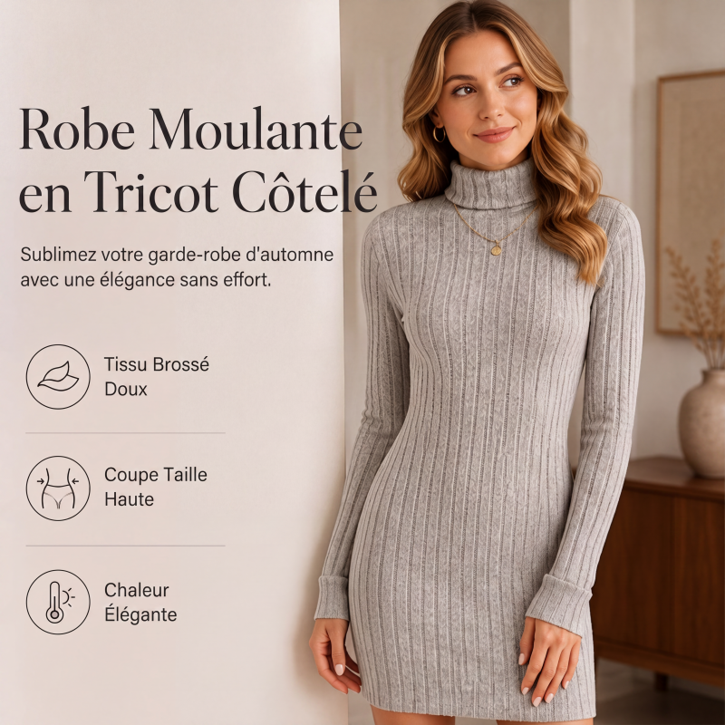 Robe pull pour femme à col roulé côtelé et manches longues