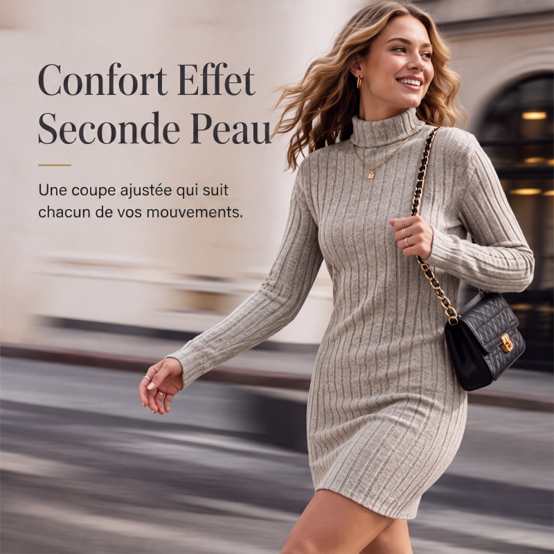 Robe pull pour femme à col roulé côtelé et manches longues