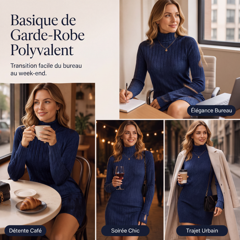 Robe pull pour femme à col roulé côtelé et manches longues