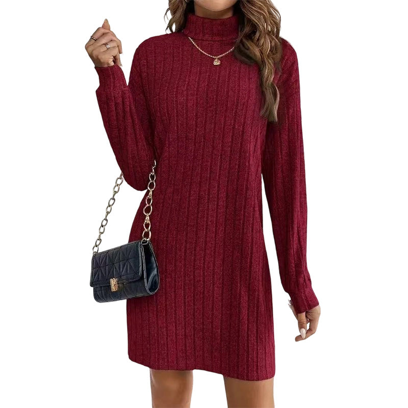 Robe pull pour femme à col roulé côtelé et manches longues