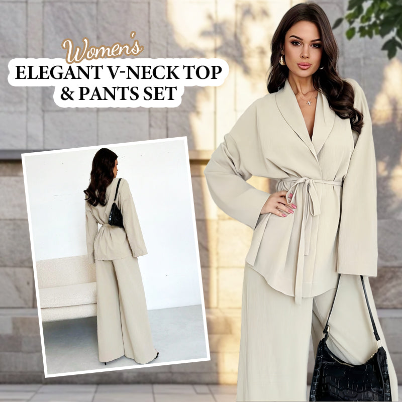 Ensemble 2 pièces pour femme : haut élégant à col en V et pantalon à jambes larges